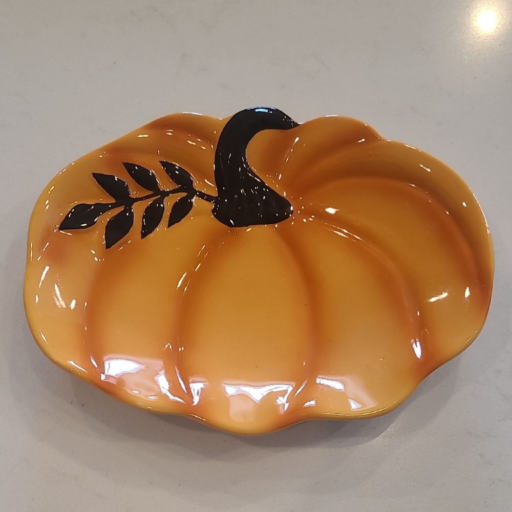 Orange Pumpkin Shaped Ceramic Plate/ Candy Dish